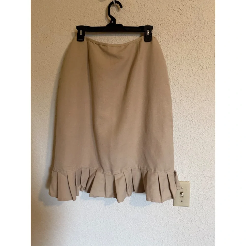 Emma James Tan Linen Blend Pleated Ruffle Hem Midi Skirt Womens 16 Khaki A-Line